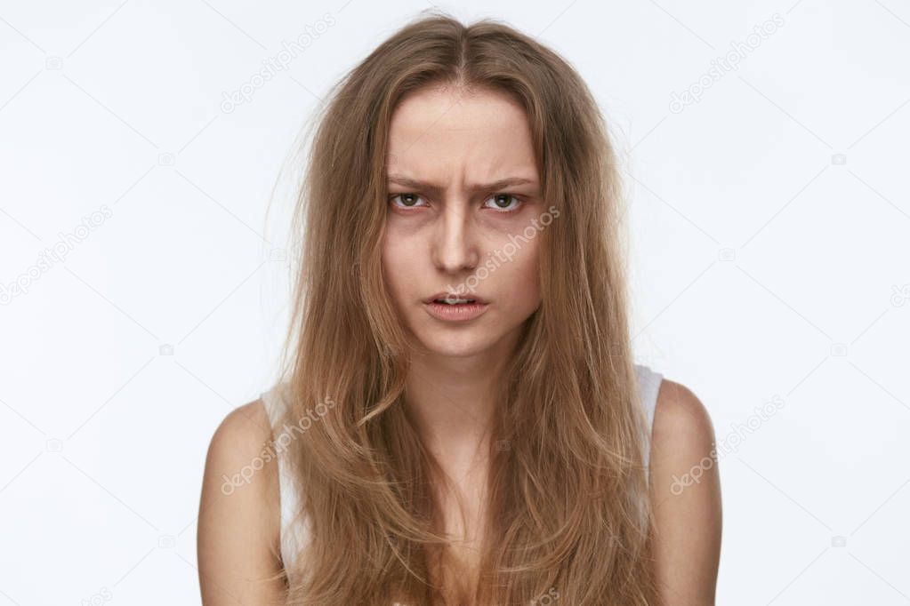 Exhausted Young Woman With Bruises Under Eyes