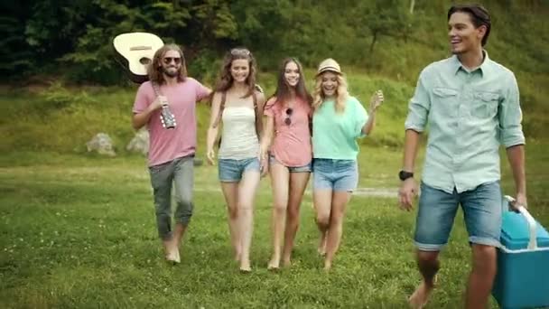 Happy přátelé baví venku v přírodě. — Stock video