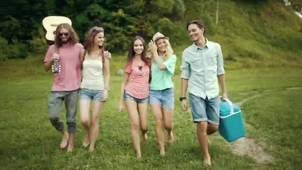 Amigos felices divirtiéndose al aire libre en la naturaleza . — Vídeo de stock