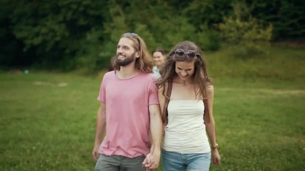 Vrienden wandelen In het Park. Gelukkige mannen en vrouwen die met plezier — Stockvideo