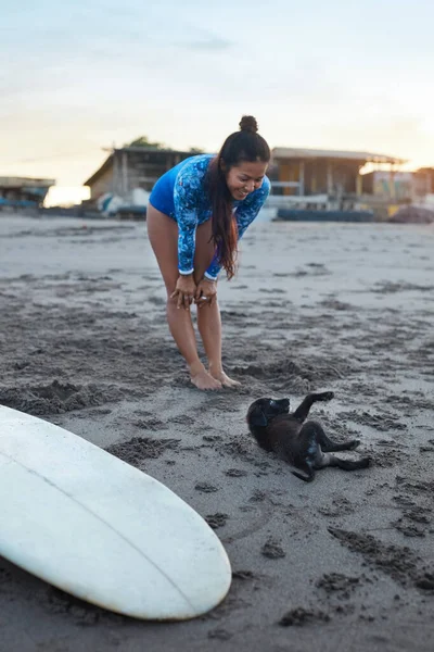 Серфер Девочка Жінка Серфінг Грає Собакою Піщаному Пляжі Посмішка Брюнета — стокове фото
