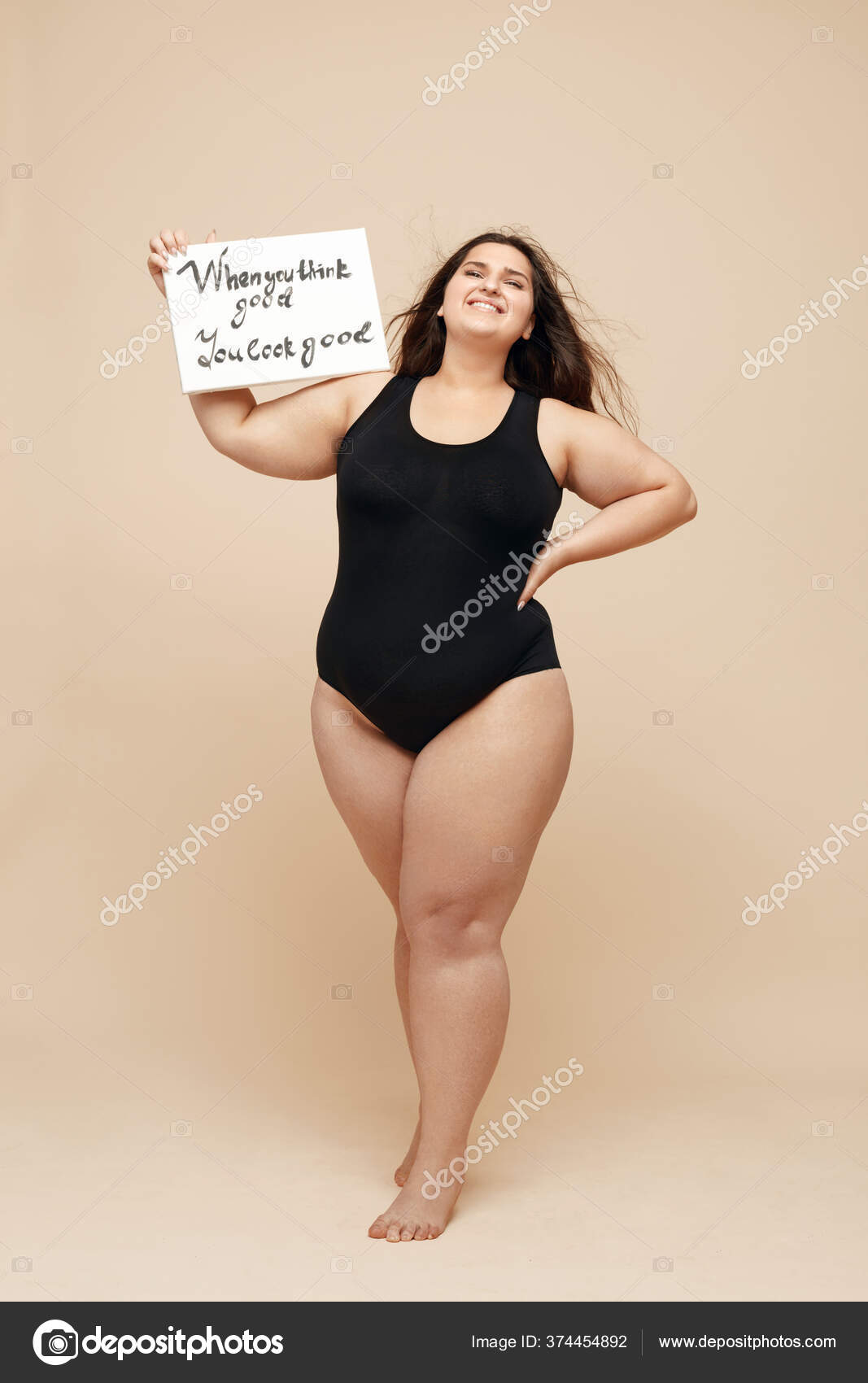 Size Model Fat Woman Black Bodysuit Full Length Portrait Female
