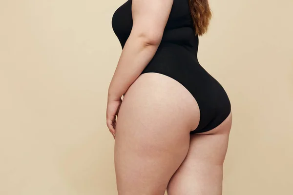 Size Model Woman Hips Close Fat Torso Black Bodysuit Full — Stock Photo, Image