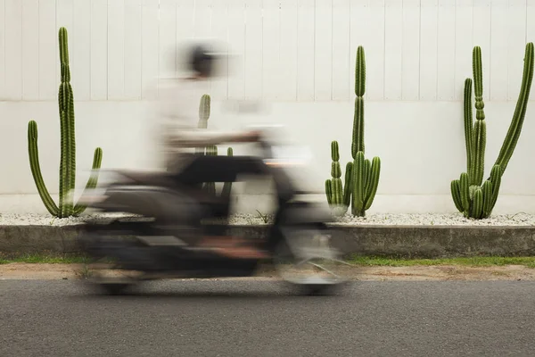 Wazig Street Motion Scooter Biker Rijdt Weg Buurt Van Cactussen — Stockfoto