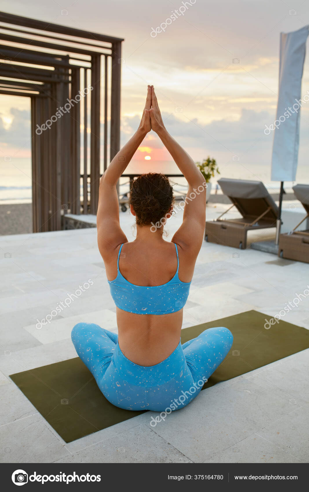 Yoga Woman Sitting Easy Pose Brunette Blue Sportswear Doing Sukhasana Stock Photo By C Puhhha