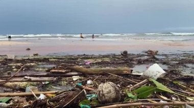 Kirli Okyanus. Küresel Su Kirliliği Sorunu. Çocuklar ve köpekler denizde israfla oynuyorlar. Sandy Beach çöp, çöp, plastik ve diğer katı çöplerle kaplıydı.. 