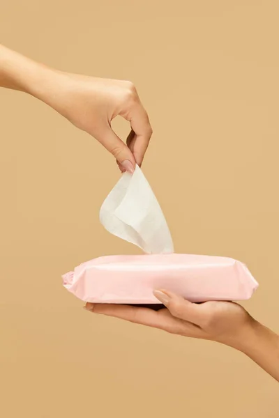 Wet Wipes Hand Picked Napkin Pink Pack Beige Background Daily — Stock Photo, Image