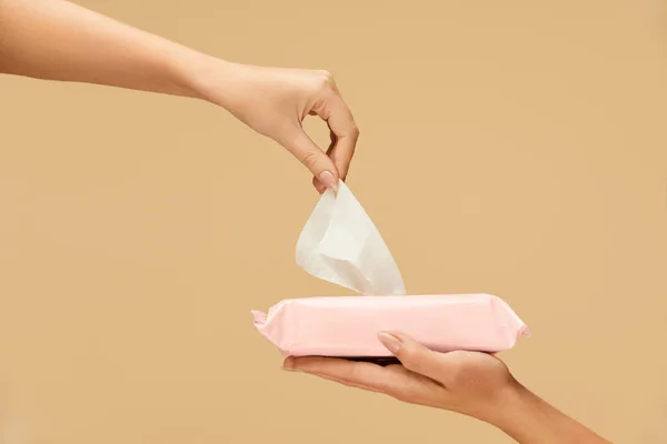 Hand Hygiene Female Picked Wet Wipes Pink Pack Beige Background — Stock Photo, Image