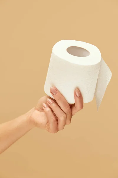 Kebersihan Toilet Paper Caucasian Female Hand Beige Background Dalam Bahasa — Stok Foto