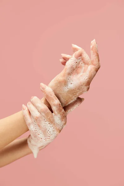 Washing Hands Female Arms Covered Soap Foam Pink Background Using — Stock Photo, Image