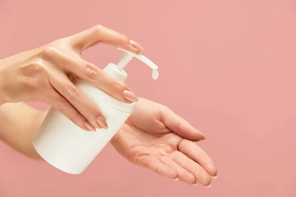 Hand Hygiene Liquid Soap Bottle Female Hand Pink Background Daily — Stock Photo, Image