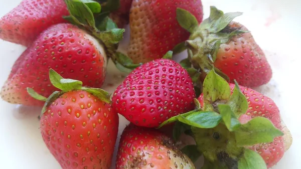 在质朴的白色木材背景的盘子中新鲜草莓的顶视图. — 图库照片