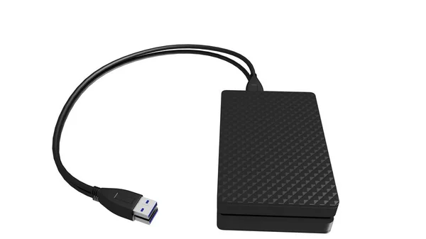 Přenosný externí pevný disk s kabelem USB na bílém pozadí. — Stock fotografie