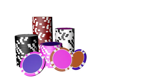 Zestaw pokerowych żetonów o różnych kolorach wyizolowanych na białym tle. — Zdjęcie stockowe