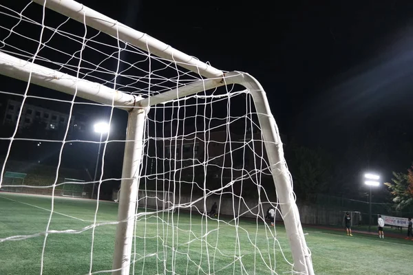 Closeup view of goal net in a soccer playground