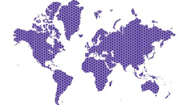 Tüm ülkeler ve alt kıtalar ile detaylı dünya haritası. Geometrik şekiller desen ile dünya haritasındaki Illustration empoze.