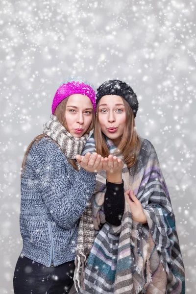 Twin sisters dressed in warm winter clothes — Stock Photo, Image