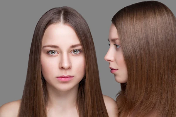 Gemelos con piel perfecta y cabello largo y liso —  Fotos de Stock