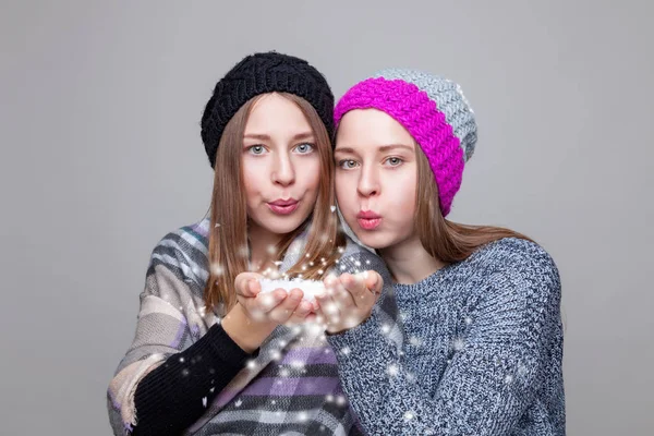 Hermanas gemelas vestidas con ropa cálida de invierno —  Fotos de Stock