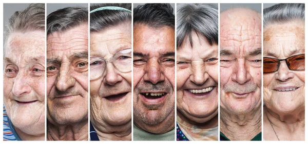 Szczęśliwych ludzi starych. Kolaż zadowolona, uśmiechnięta starszych mężczyzn i kobiet — Zdjęcie stockowe