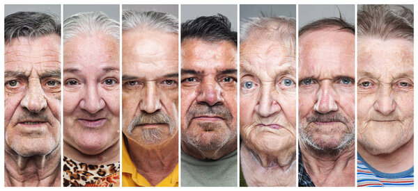 Closeup portrait collage of elderly men and women