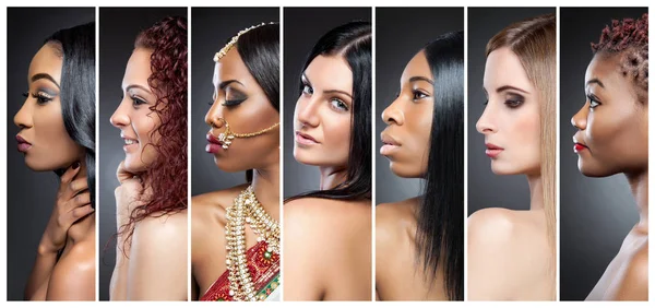 Profile view collage of multiple women with various skin tones — Stock Photo, Image
