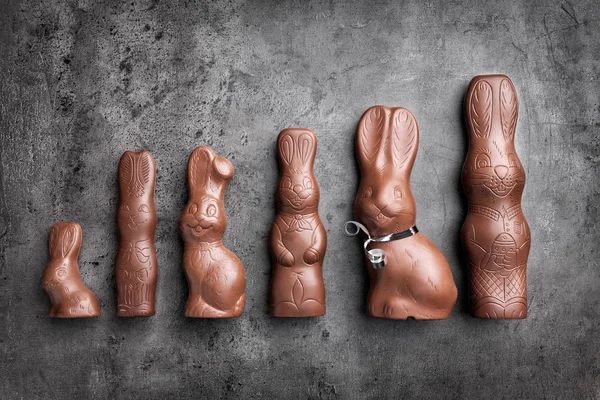 Různé čokoládové velikonoční zajíčky na rustikální pozadí — Stock fotografie