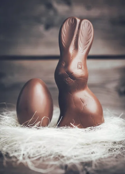 Csokoládé húsvéti nyuszi és tojás fa backround — Stock Fotó
