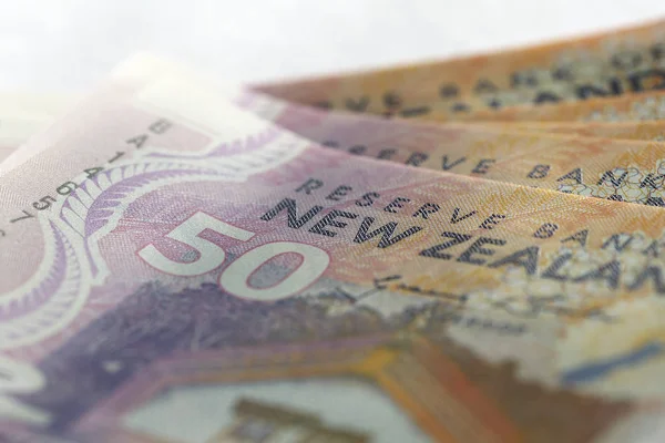 Moeda Nova Zelândia Contas Dólares Com Foco Seletivo Formato Horizontal — Fotografia de Stock