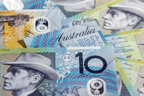 Ausztrál Valuta Tíz Ollar Számlák Egy Kupacban — Stock Fotó