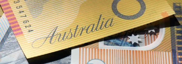 Nota Dólares Australianos Formato Panorâmico Mostrando Palavra Austrália — Fotografia de Stock