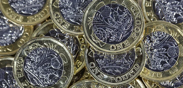 Britská Měna Hromada Mincí Jedné Libry Panoramatickém Formátu — Stock fotografie