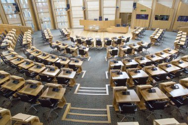 Edinburgh, Scotland, UK: May 27, 2016: The Debating Chamber of the Scottish Parliament in Edinburgh. The building was designed by Spanish Catalan architect Enriq Miralles and opened in 2004. clipart