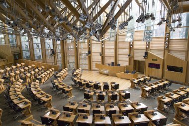 Edinburgh, Scotland, UK: May 27, 2016: The Debating Chamber of the Scottish Parliament in Edinburgh. The building was designed by Spanish Catalan architect Enriq Miralles and opened in 2004. clipart