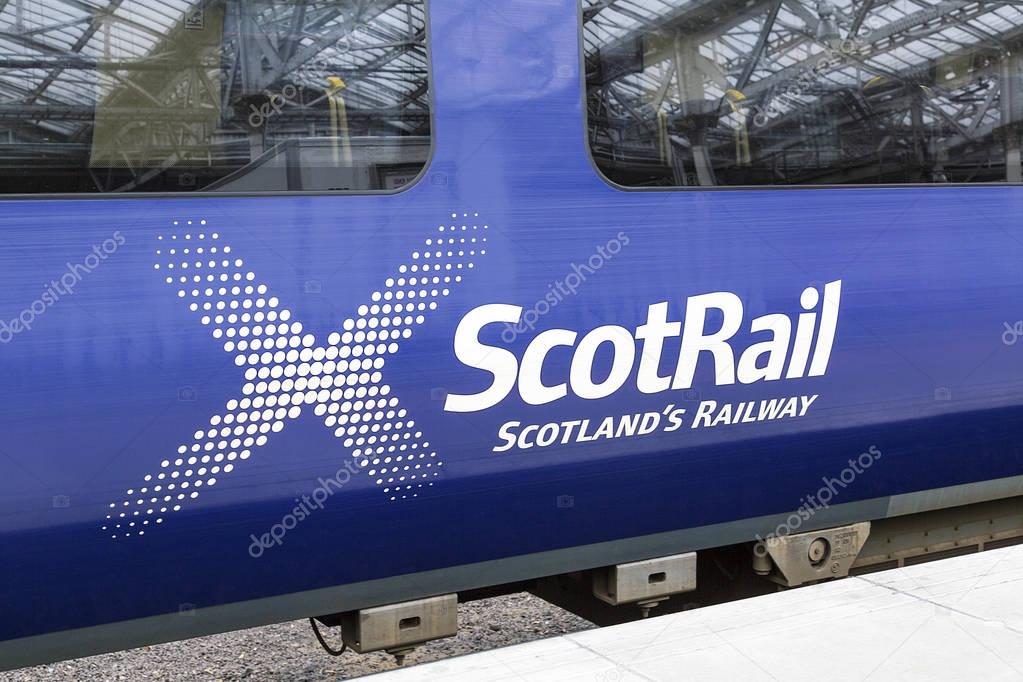 Edinburgh UK: May 26, 2016: ScotRail train waiting at Waverley Railway Station ScotRail refers to a number of Scottish rail corporations that have operated trains in Scotland under the ScotRail brand