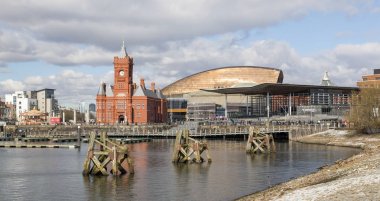 Cardiff, UK: March 10, 2016: Cardiff Bay is the area created by the Cardiff Barrage in South Cardiff, the capital of Wales. The Welsh National Assembly is located there. clipart