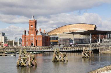 Cardiff, UK: March 10, 2016: Cardiff Bay is the area created by the Cardiff Barrage in South Cardiff, the capital of Wales. The Welsh National Assembly is located there. clipart