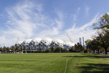 Melbourne, Avustralya: 09 Nisan 2018: Melbourne dikdörtgen Stadyumu Aami Park olarak ticari olarak bilinen ev sahipliği Melbourne fırtına, zafer, şehir ve asiler. Olympic Park adlı bulunur.