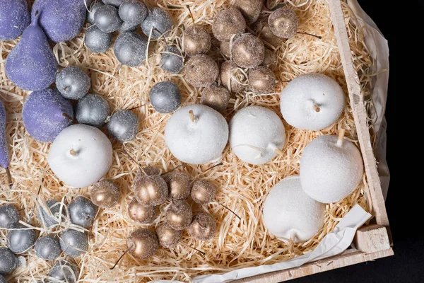 Primer Plano Hermosa Decoración Frutas Navidad Con Hey Caja Madera — Foto de Stock