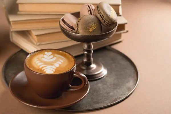 Close Sweet Chocolate French Macarons Metal Bowl Tray Cup Coffee — Stock Photo, Image