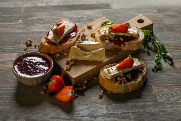 Top View Delicious Sandwiches Jam Wooden Cutting Board — Stock Photo, Image