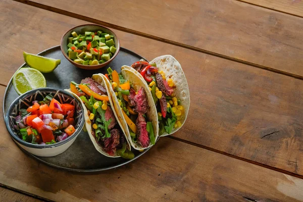 Spicy Tacos Lime Slices Cut Vegetables Bowls Wooden Table Top — Stock Photo, Image