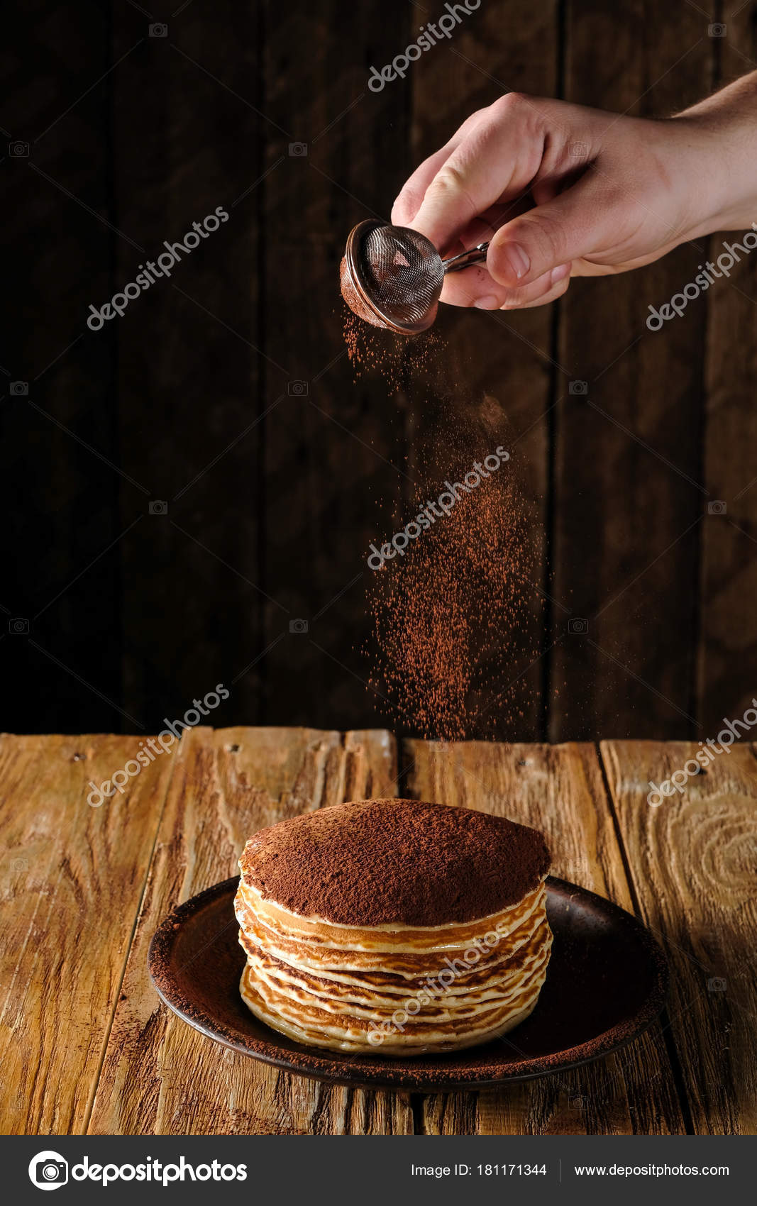 Chef Hands Putting Cocoa Powder Pancakes Wooden Background Stock Photo