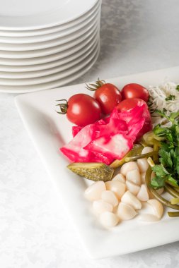 Turşu yeşillik, domates, kırmızı biber, salatalık, zeytin ve sarımsak ile hizmet