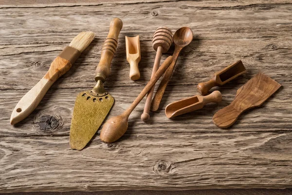 Close Kitchen Utensils Wooden Background — Stock Photo, Image