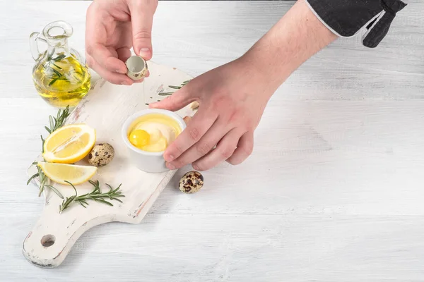 Chef Hands Cooking Sauce Quail Eggs Olive Oil Lemon Garlic — Stock Photo, Image