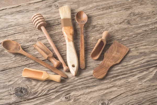 Wooden Kitchen Utensils Wooden Background — Stock Photo, Image