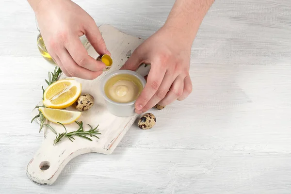 Chef Hands Cooking Sauce Quail Eggs Olive Oil Lemon Garlic — Stock Photo, Image