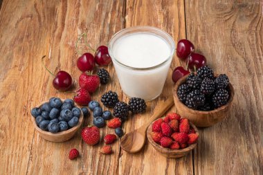 cam ve ahşap masa arka planda, üstten görünüm taze çilek ürün yelpazesine süt