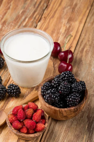 Milk Glass Assortment Fresh Berries Wooden Table Background Close — Stock Photo, Image